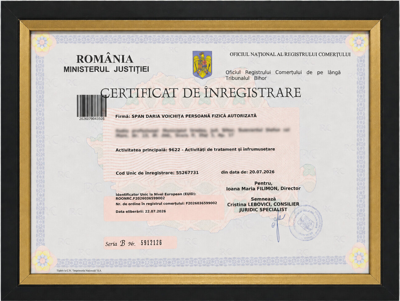 Certificat de înregistrare PFA – adresă ascunsă