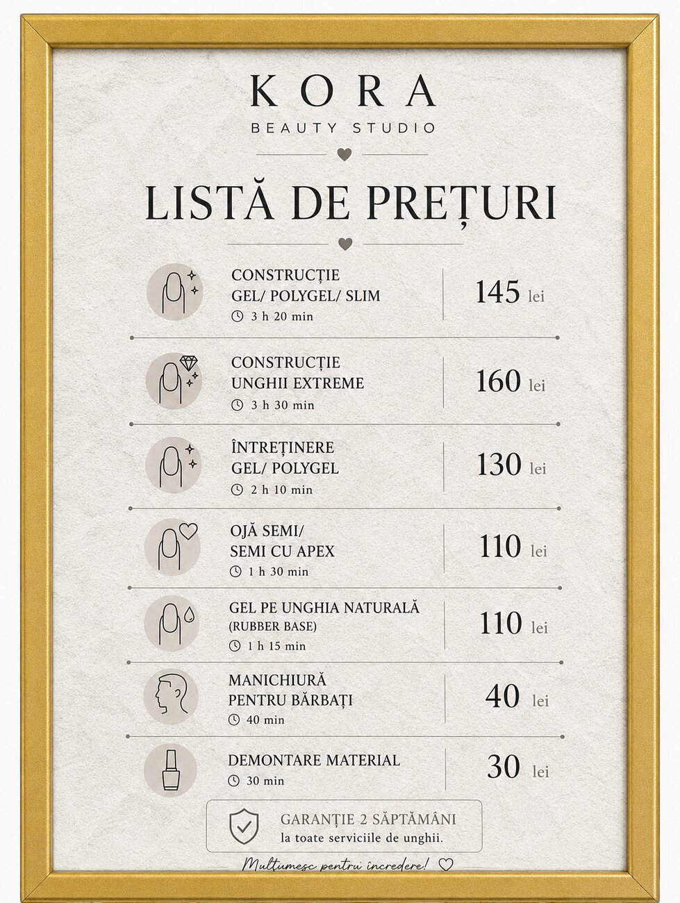 Lista de prețuri Kora Beauty Studio